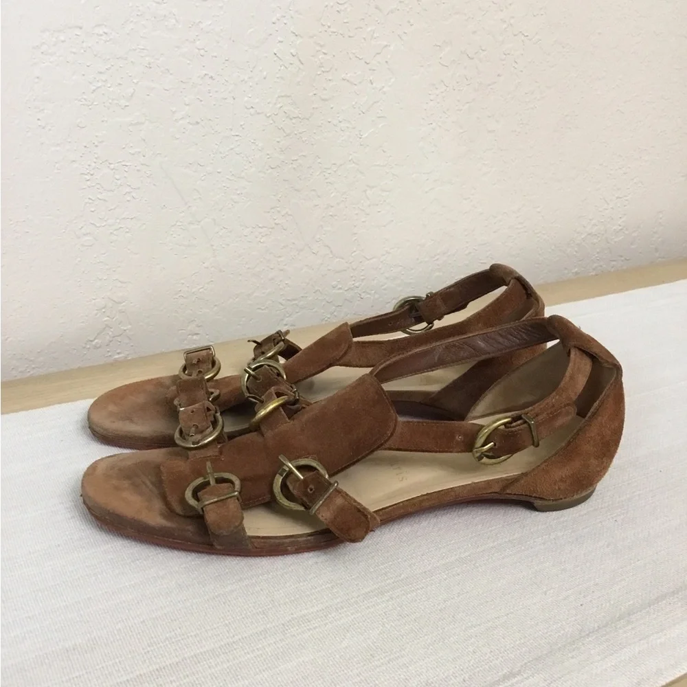 Christian Louboutin Brown Suede Strappy Flat Sandals with Gold Buckles